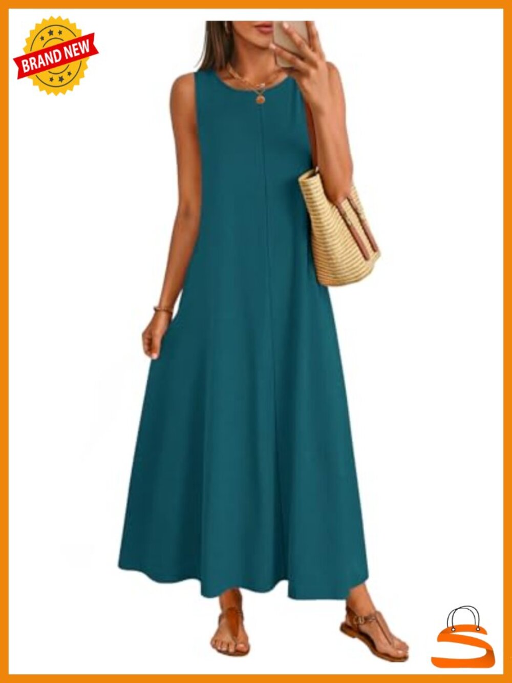Sleeveless Cotton Tank Maxi Dress with Pockets Crewneck Loose Fit Boho Summer